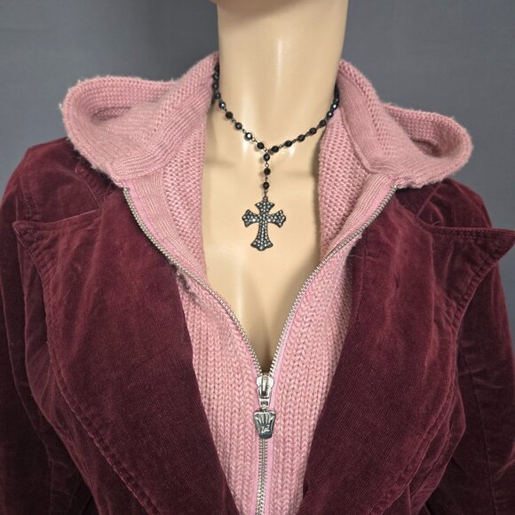Y2K Lady Dutch Fitted Jacket Coat Size L Burgundy Corduroy Pink Knit Hooded - Picture 3 of 16
